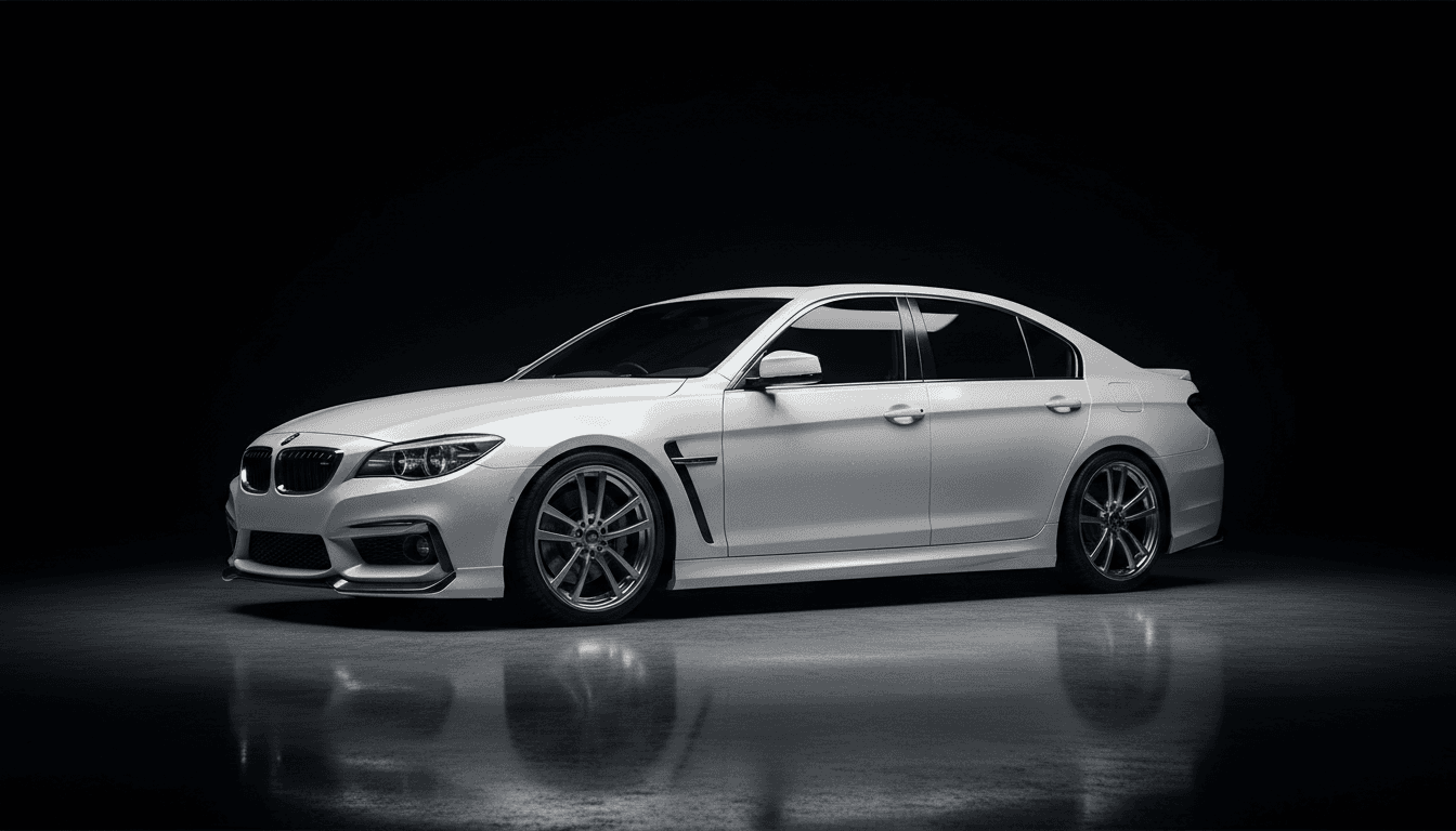 Pearl white sports sedan with a freshly installed custom body kit