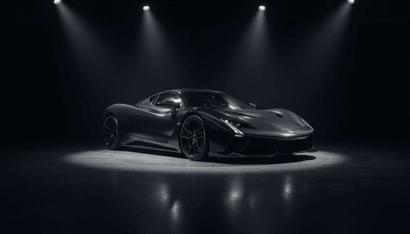 Luxury sports car in a dark studio with dramatic lighting