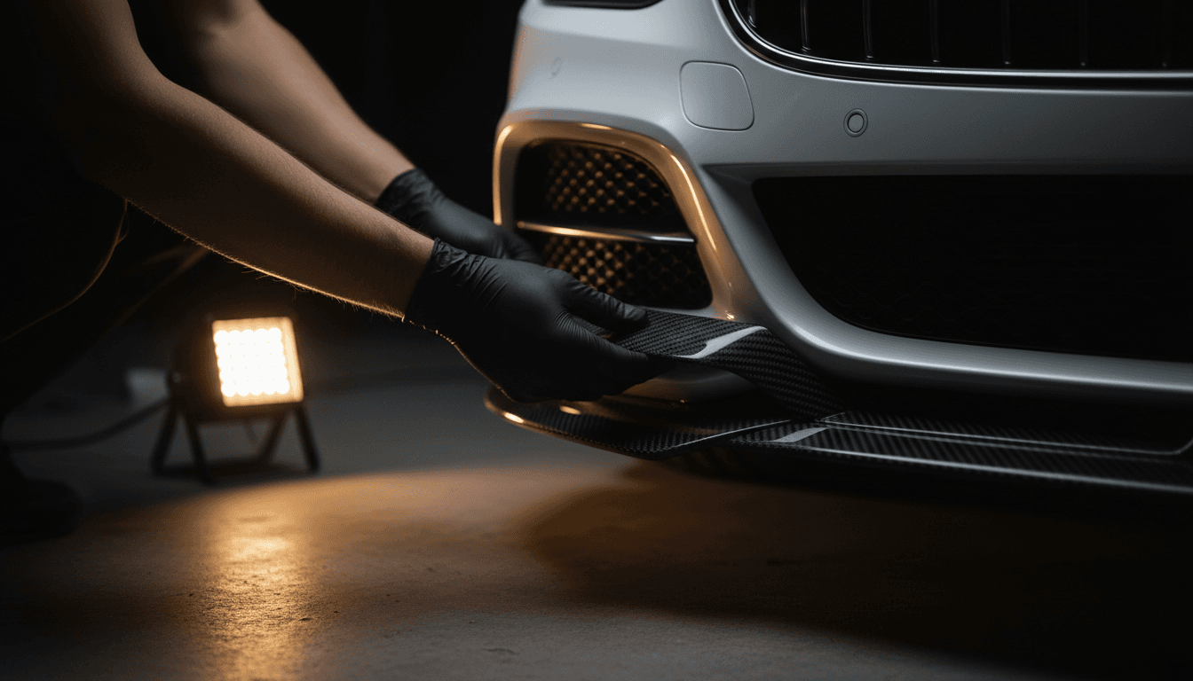 Specialist aligning a carbon fiber splitter on a white luxury sedan