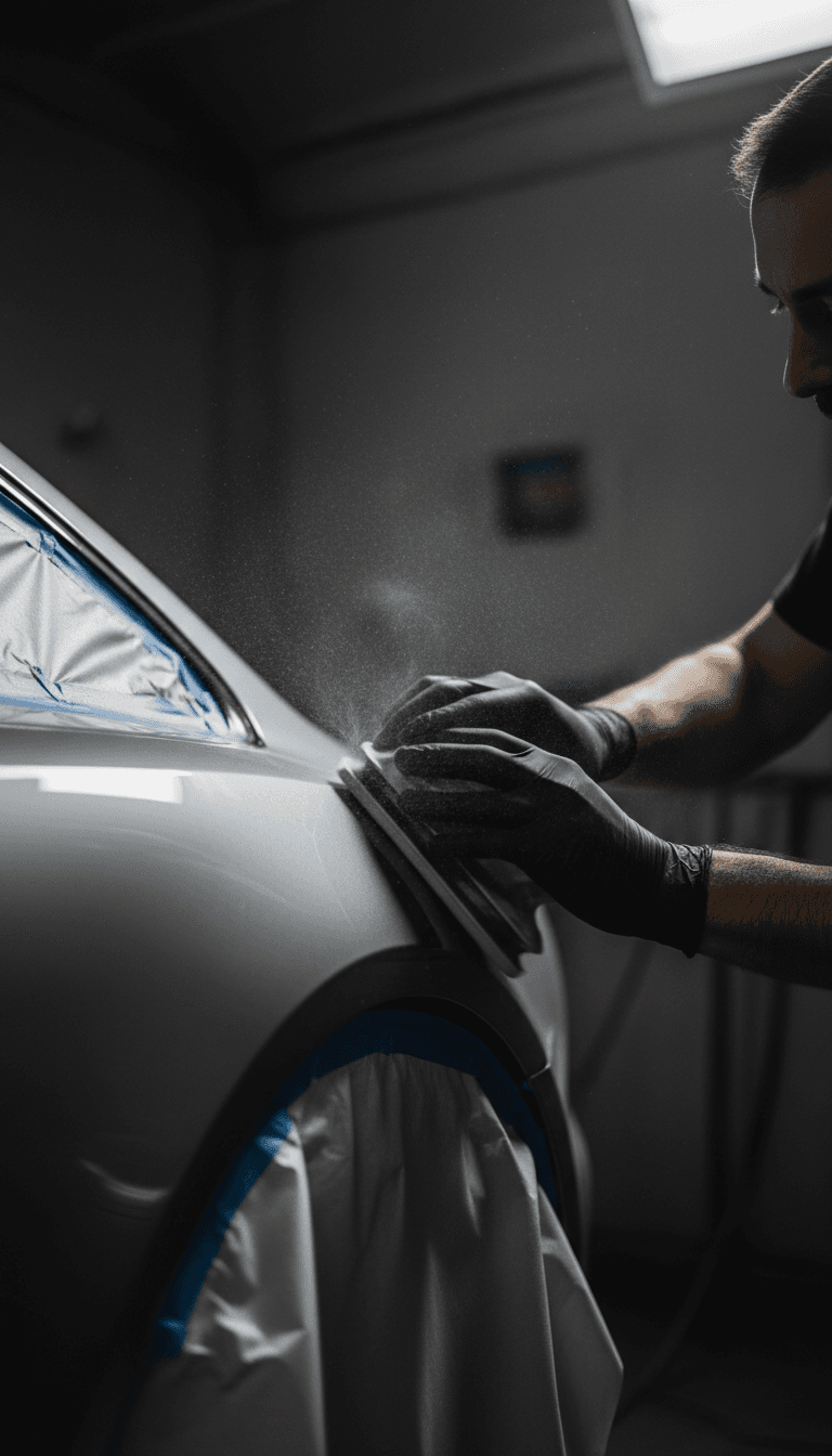 Craftsman carefully sanding a luxury car fender in a dark studio