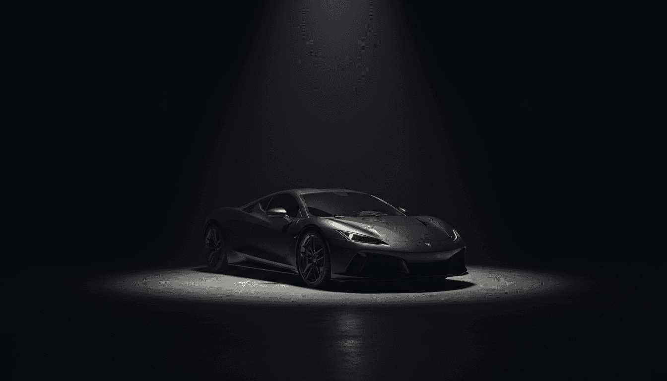 Dark studio shot of a luxury sports car with satin matte finish under a spotlight
