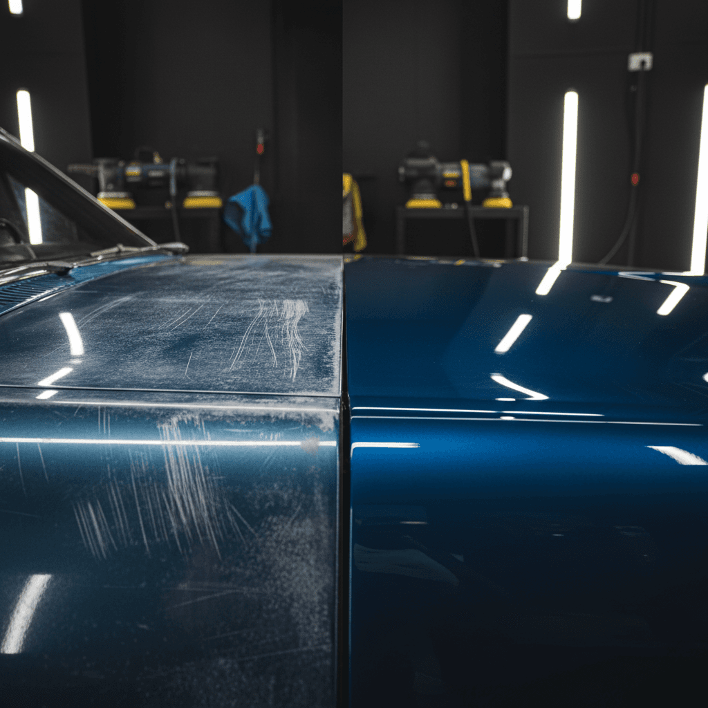 Before and after of a pearl white sports car door dent repair