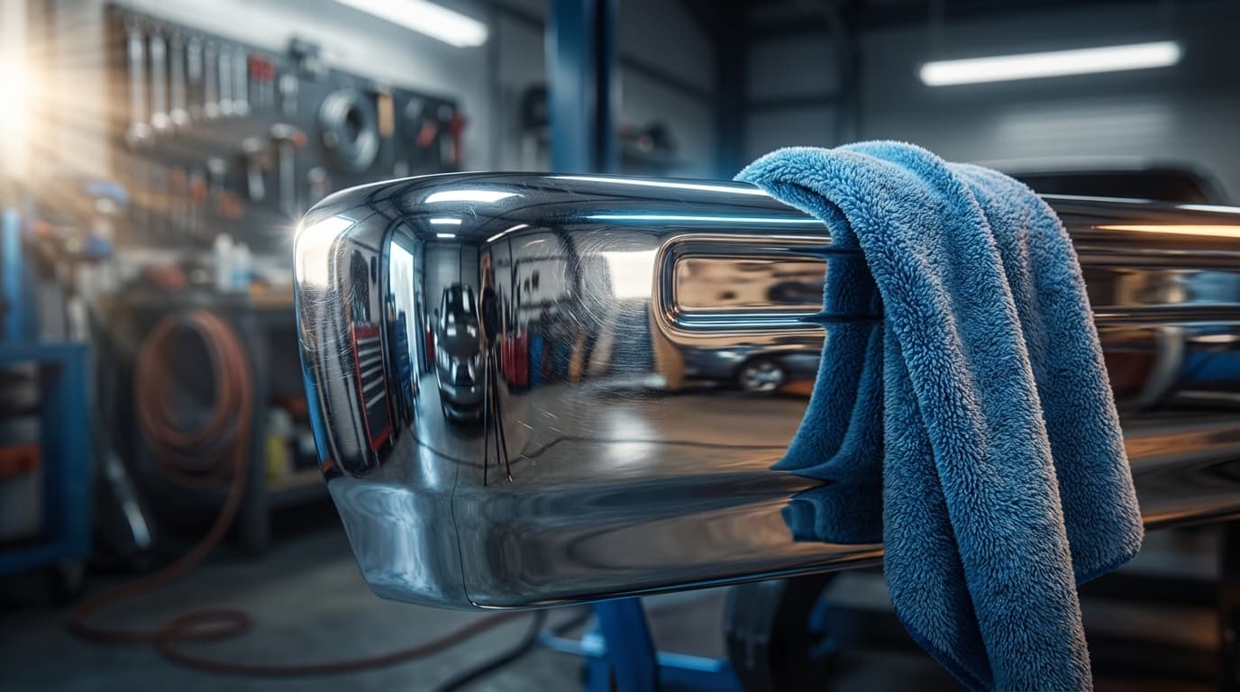 Technician hand-finishing a wrap on a luxury car in a dark studio