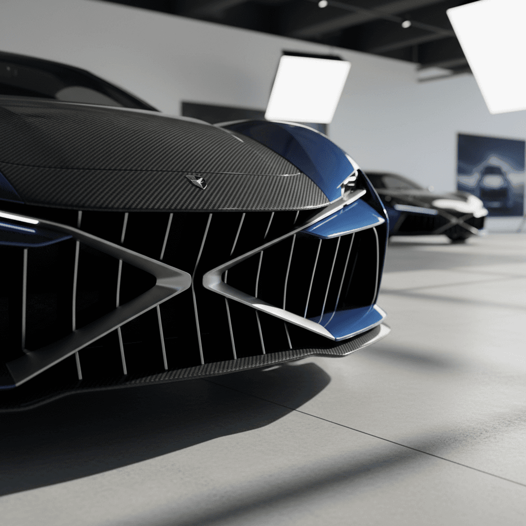 Midnight blue widebody sports coupe with carbon fiber body kit front view