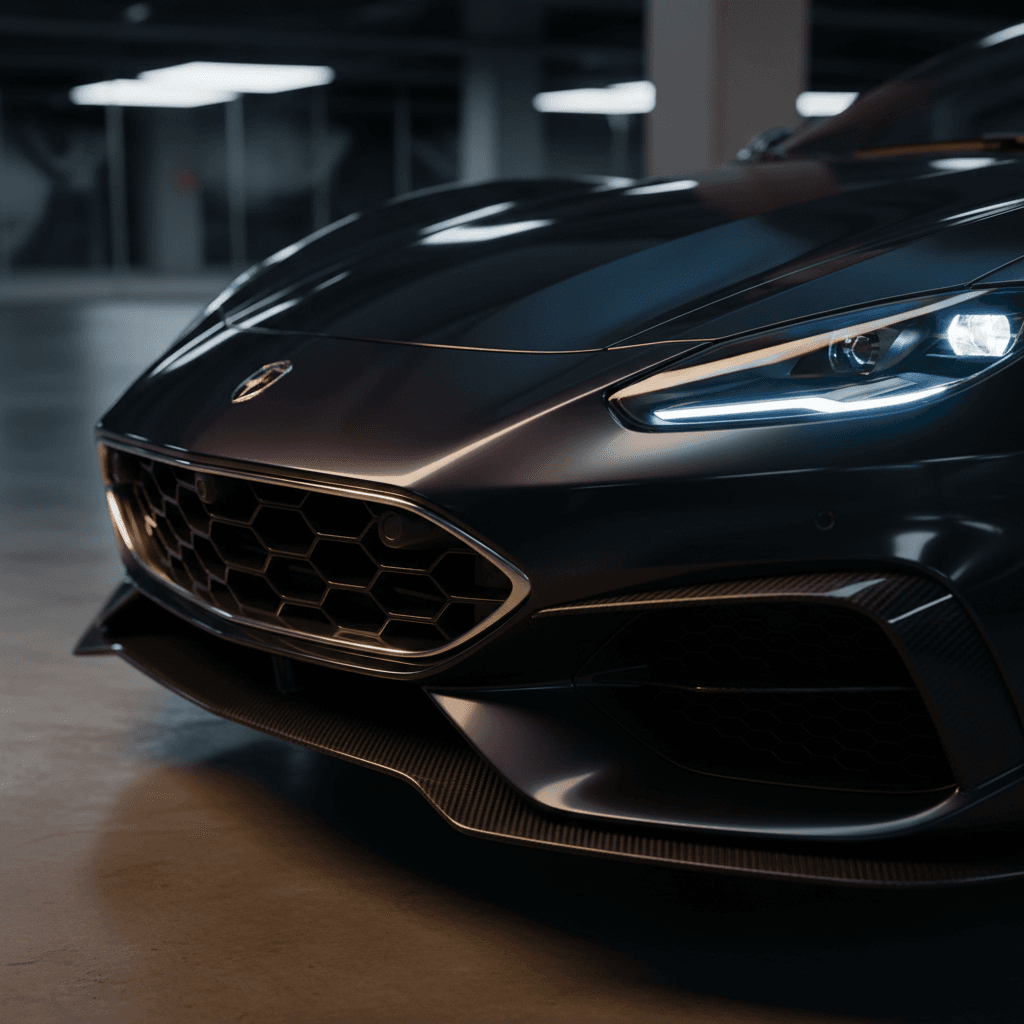 Matte gunmetal gray widebody supercar with carbon fiber fender flares