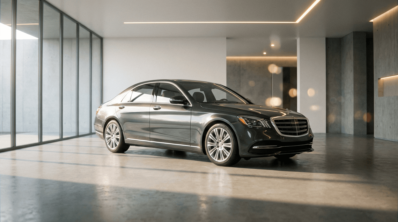 Luxury sports car inside a dark automotive studio under a spotlight