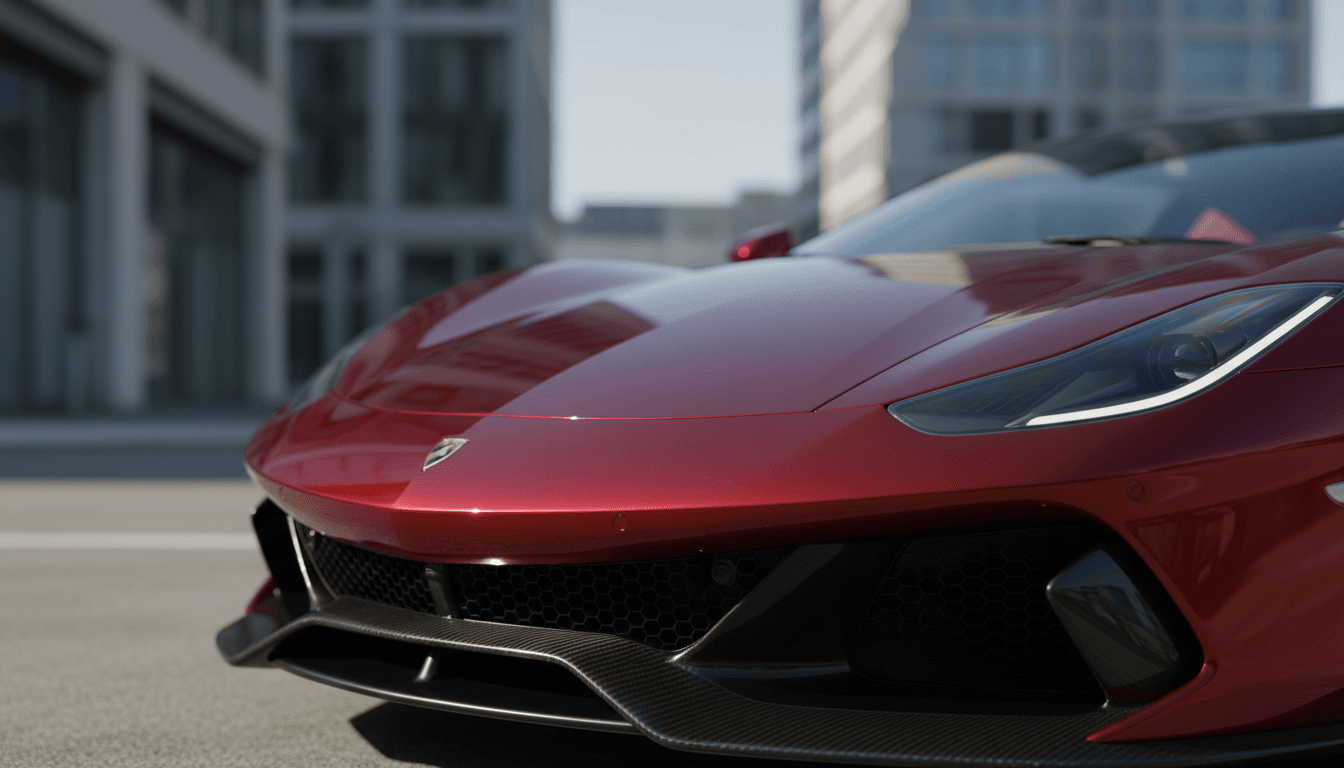 Deep crimson grand tourer with carbon fiber diffuser and spoiler