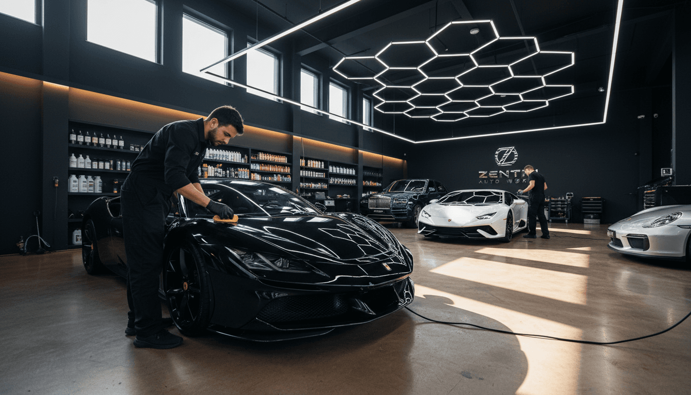 Dark luxury automotive studio with a sports car under focused lighting