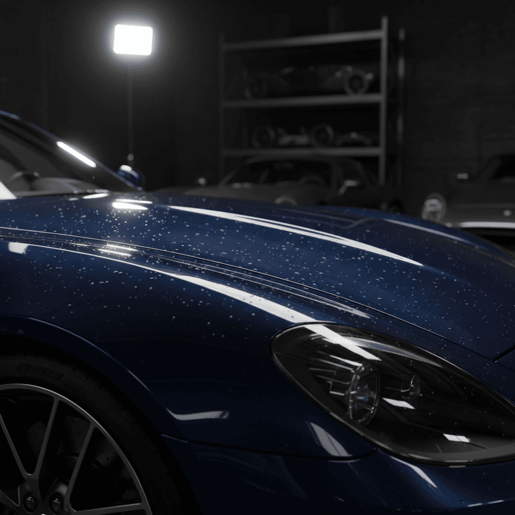A black sports car inside a dark luxury automotive studio under focused spotlights